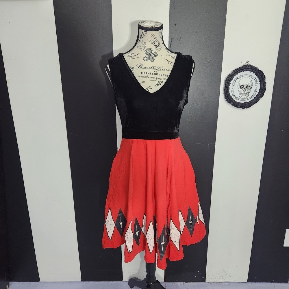 Sourpuss Black Velvet Top with Red Diamond Skater Skirt